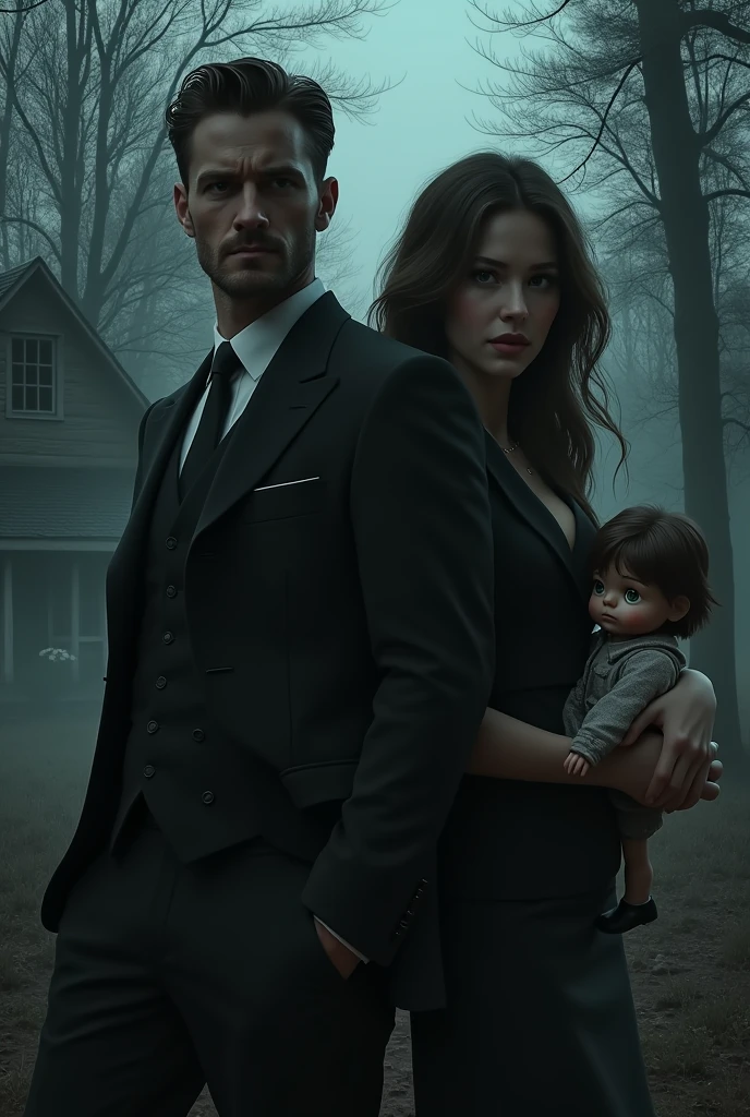 A handsome man wearing a black suit and a Woman investigator with the background of a lone house in the forest with a secret shadowy man behind a wall holding a creepy girl doll
