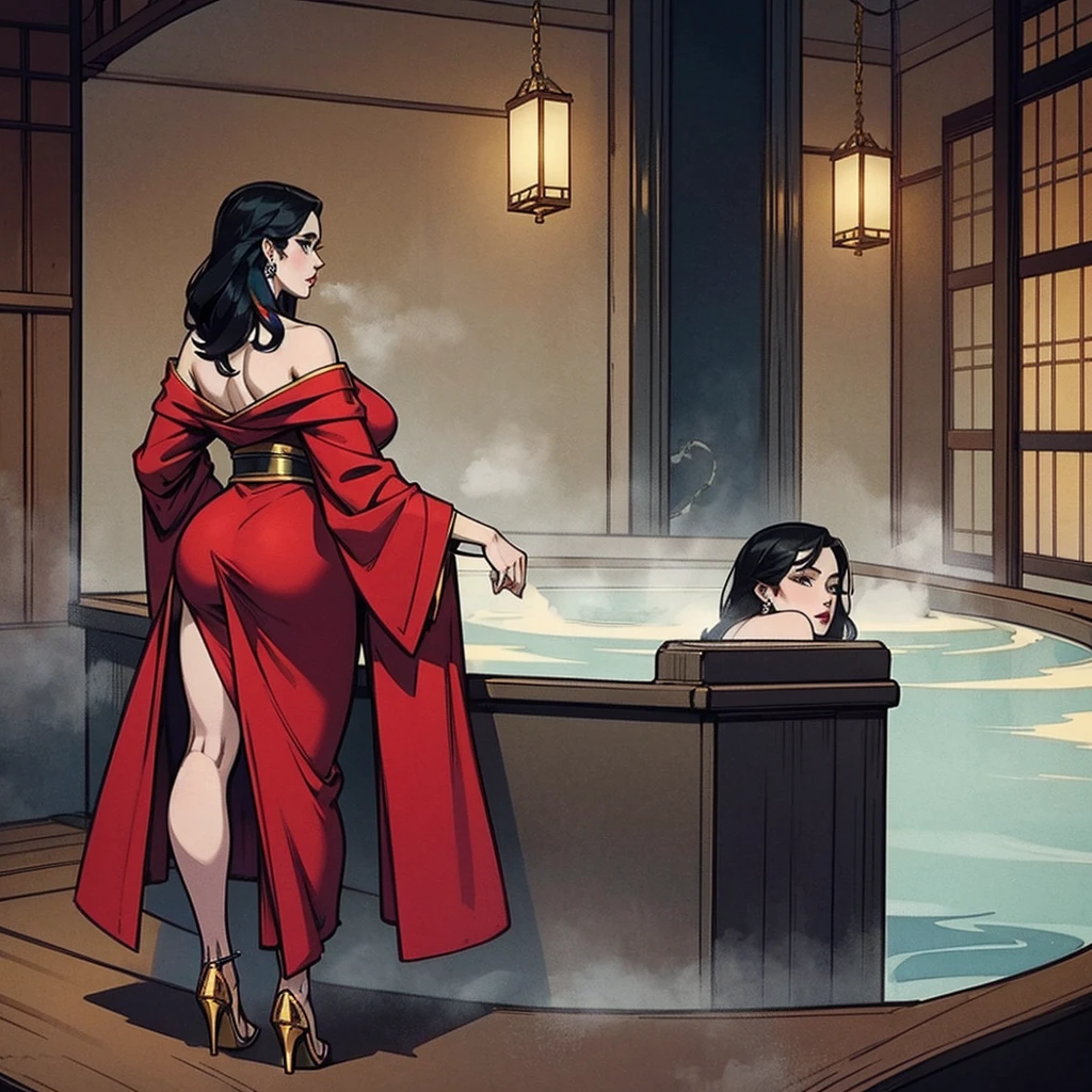 POV, Pale skin, from behind, looking over shoulder, Stunning woman. Long straight silky black hair parted un the middle,, Dark blue eyes, red silk robe, high heels, gold earrings, standing in a huge Japanese bath house filled with steam, lots of steam. Long legs, tall