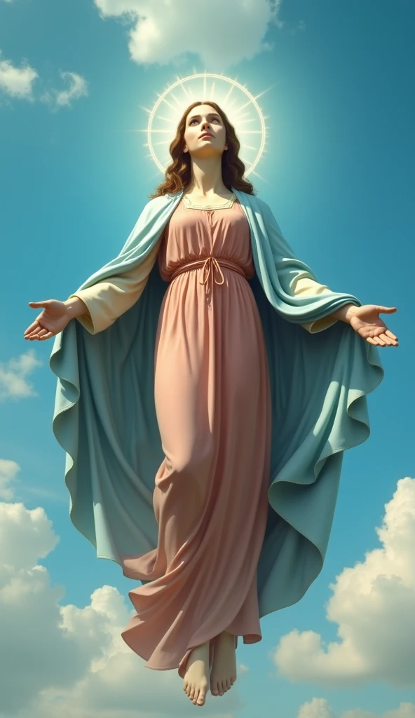 Frontal image of a beautiful 20-year-old Virgin Mary ascending into heaven against a blue sky、whole body。Reddish beige tunic with light blue cloak and veil。