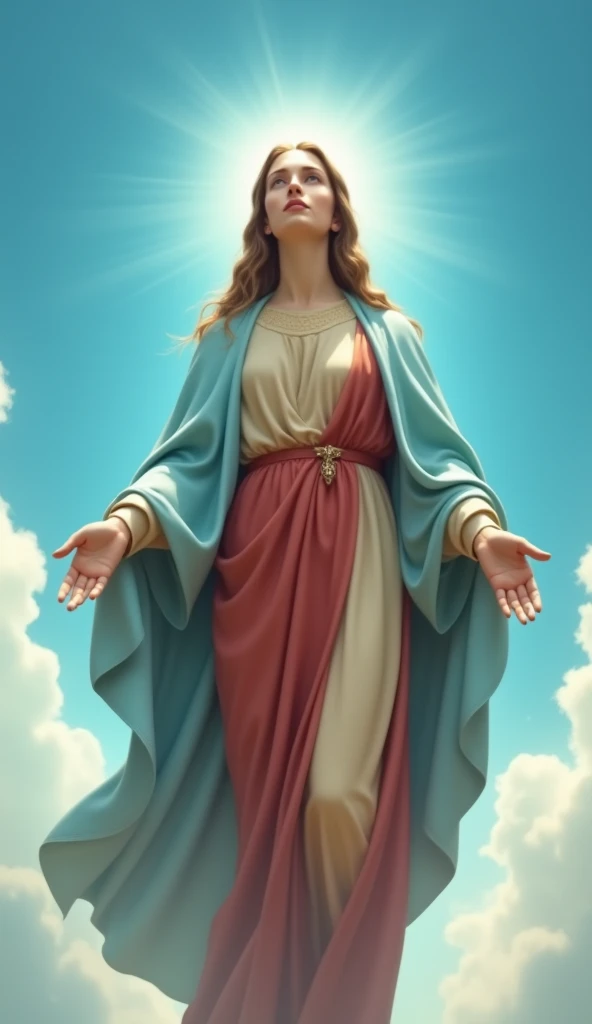 Frontal image of a beautiful 20-year-old Virgin Mary ascending into heaven against a blue sky、whole body。Reddish beige tunic with light blue cloak and veil。
