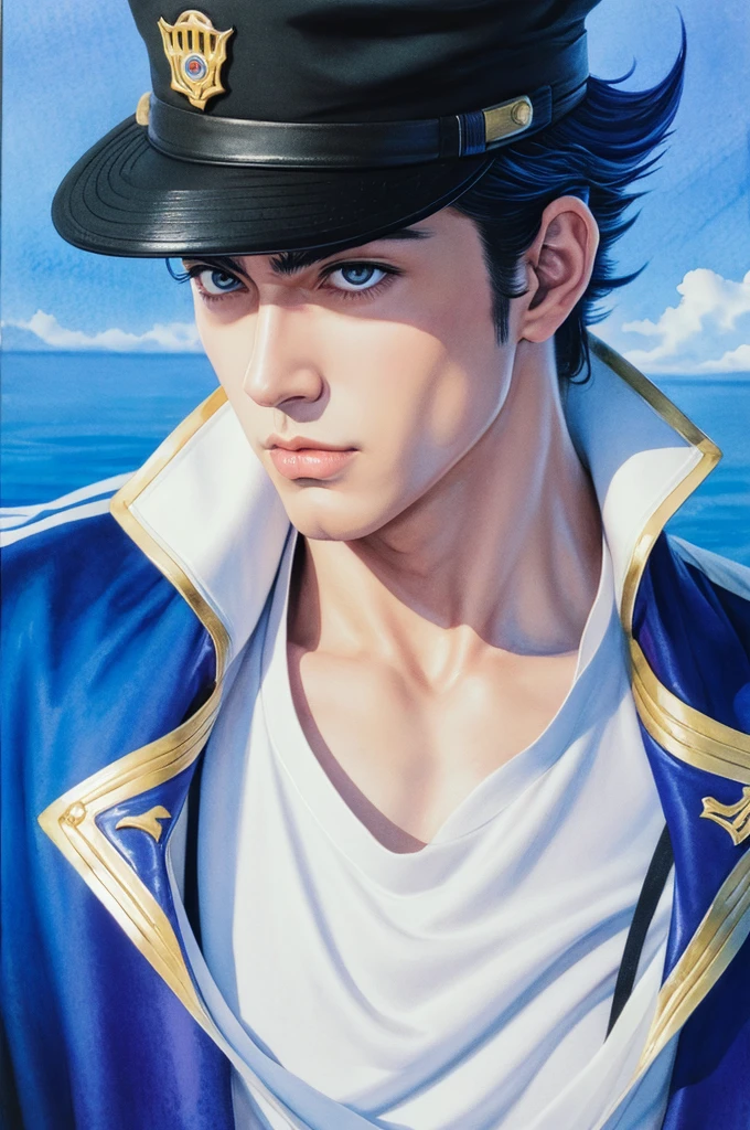 (jotaro kujo) Hirohiko Araki,Zoom in on face, Focus on the face, Blue Highlights,View your viewers, watercolor, manga, Noble youth, JoJo's Bizarre Adventure