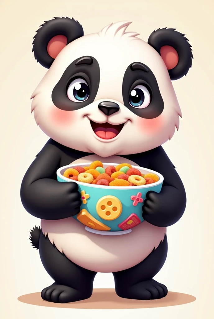 A 2D cartoon mascot panda holding a cereal bowl