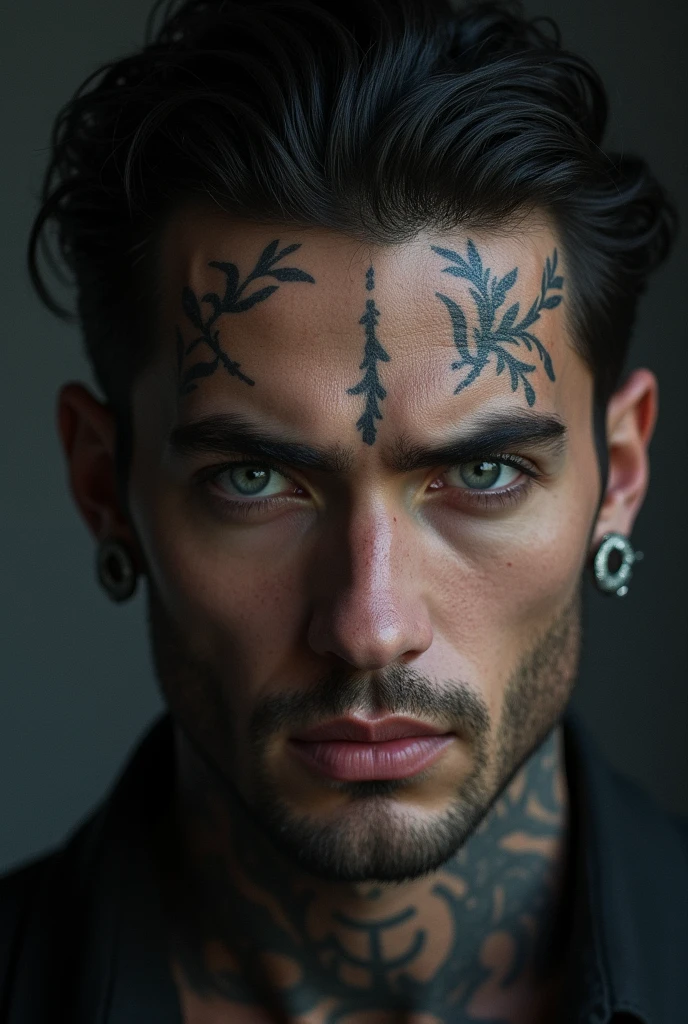 man with moist dark hair, gray eyes, seductive look, full lips with tattoos and piercings