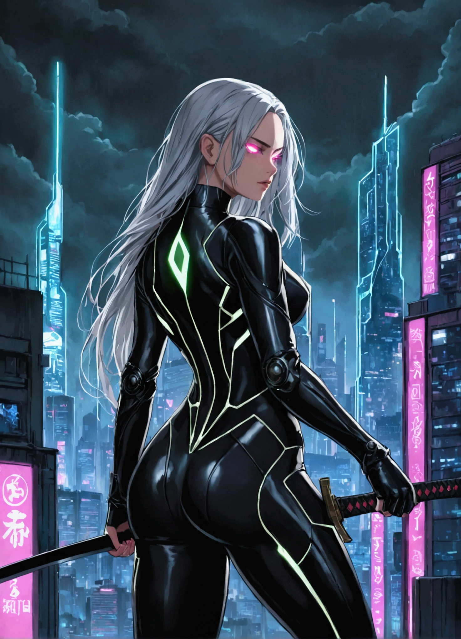 "A young, beautiful woman with long, silver hair flowing down her back, dressed in a sleek, black tactical suit that accentuates her athletic build. She has a striking scar over her left eye, which glows with a faint red hue, hinting at her mysterious past. In one hand, she wields a gleaming katana with a futuristic design, its blade reflecting the neon lights of the dystopian city around her. Her pose is both powerful and sensual, standing confidently atop a rooftop, ready to leap into action. The background shows a sprawling, cyberpunk cityscape with towering skyscrapers, neon signs, and a dark, stormy sky. The atmosphere is tense and filled with a sense of impending danger."