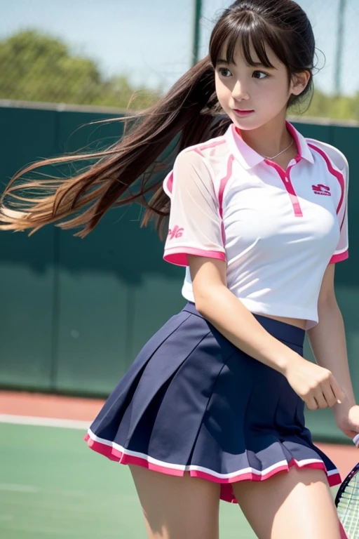 ((((whole body:1.3),1 girl, alone, Japanese Girls, Junior high school girl、12 years old, (highest quality, Realistic, High resolution, 8k, Very detailed, Detailed face, Shiny skin), Black Hair, ragged bangs, ponytail,smile,（whole bodyショット),Tennis player uniforms,Pink sneakers,Are standing,Tennis court,The face is looking at the viewer,Perfect hands,Perfect legs,I have a pom-pom,A dynamic pose