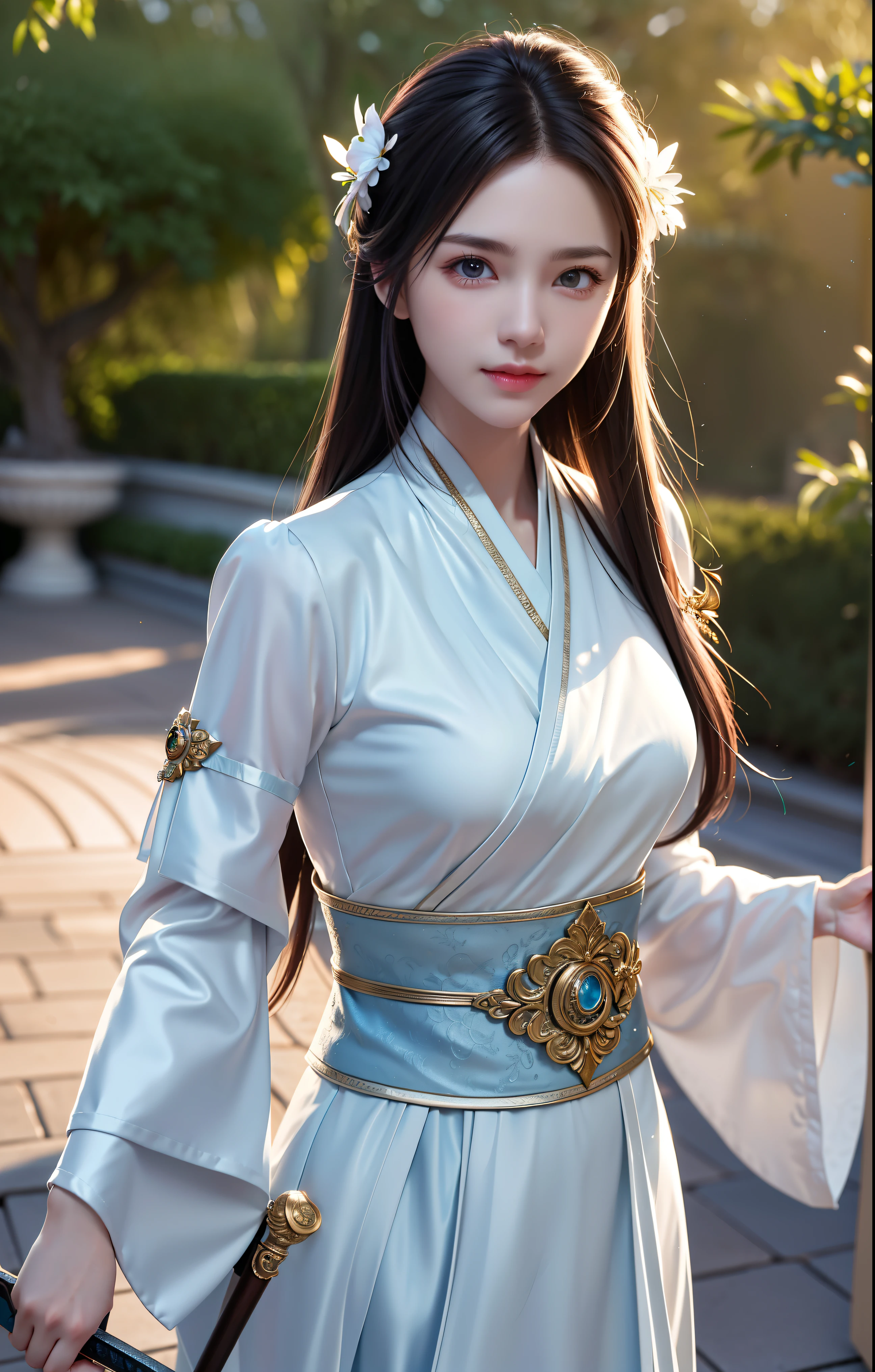 (8k, original photo, best quality, skill:1.2), (In fact, photo-In fact:1.37), full body photo,very detailed, (high detail skin:1.2), 8k 울트라 HD, SLR camera, soft light, high quality, film grain, Fujifilm XT Professional Lighting, photon mapping, radio city, Hanfu, White clothes fluttering in the wind, long hair, You are well dressed, perfect face, amazing,With a sword in hand, concept art, detailed face and body, award-winning photography, detailed face, backlight, surrealism, ray tracing, intense gaze, Looking at the audience, lamp, human, fancy, action pose, fried food, Fog, original photo, 8k 울트라 HD, film grain, charming smile, A Healing Smile, enlargement