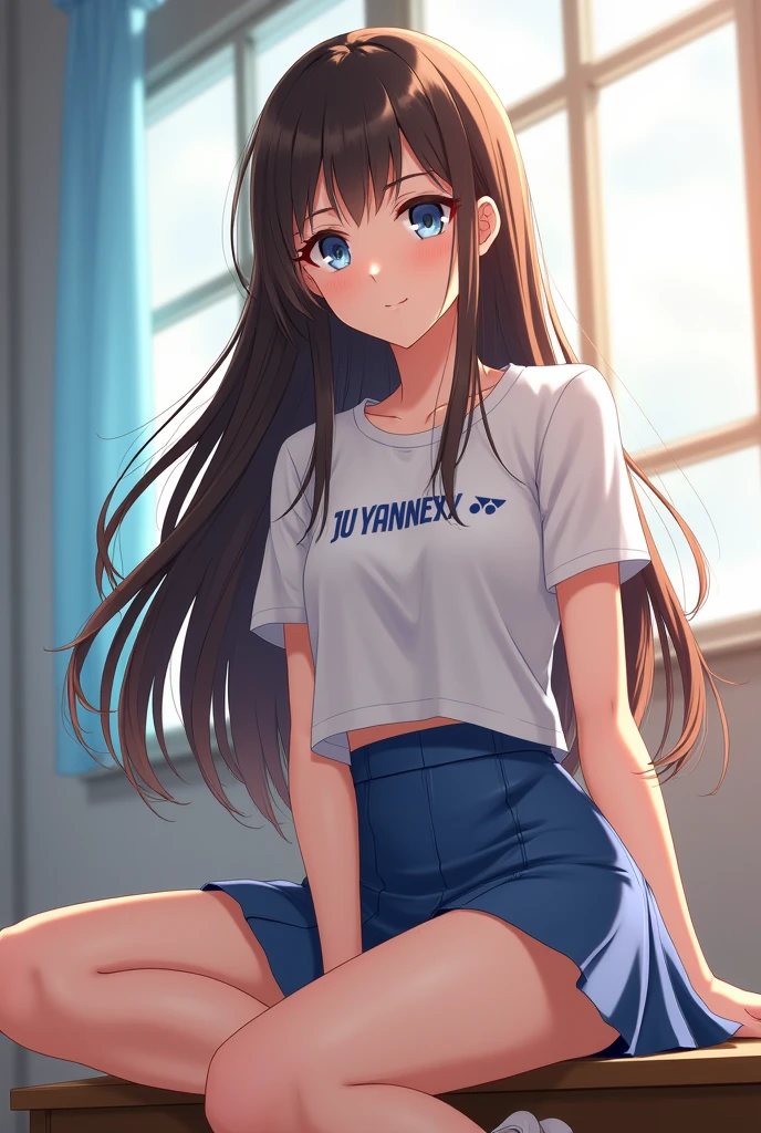((Itsumi Erika, a Russia girl,she is also rare with her blue eyes and its as beautiful as Gojo Satorou eyes.Itsumi Erika also has a very beautiful brown hair.She is 173cm.She is the hottest girl in the school.Itsumi Erika is a perfect girl.She is a new student. She is a rich girl but likes to wear simple clothes.like a badminton Yonex skirt, her Victor T Shirt that has her name on it. And her Yonex 65Z3 shoes. Sitting while spreading her legs))
