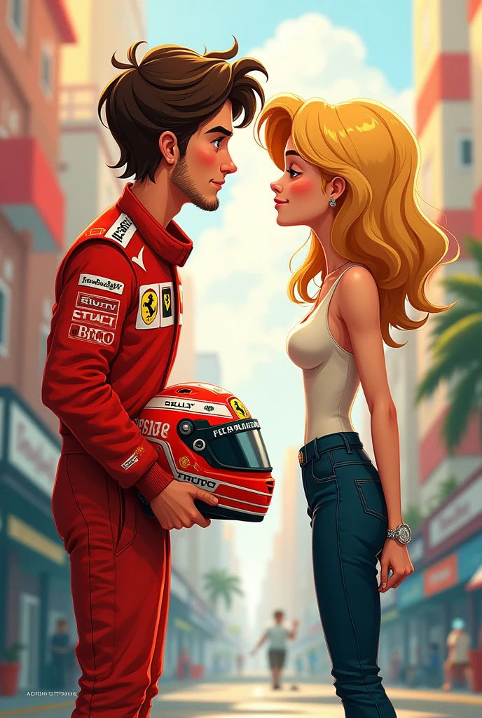 A formula one driver wearing his suit.of prancing lion]
Standing on side holding his helmet 
His hair should be wavy brown hair  with olive skin 
This picture should be cartoonish or illustrated  
A girl standing on side they should be standings opposite to eacy other. She is blond 
It should be faceless more like 2d drawing and background is some colors 
Thir face shouldn't be seen and they are facing backs
