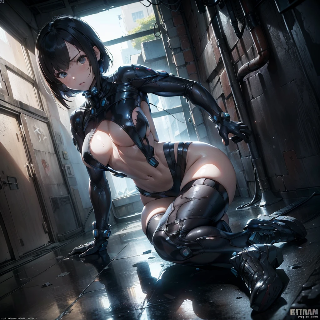(((Head to waist::1))) Superhero Girl (Pixie bob short hair) A masterpiece of hyperrealism & Photorealistic beauty、Youth、Strikingly perfect face (Asymmetrical milky white iridescent eyes), (Highest quality), (Very detailed), (Ultra-realistic:1.2), sf, Ultra-detailed black ominous cyberpunk & GANTZ Suit, Metal Gear aesthetic style、GANTZ style、Sexy pose.Reika shimohira.(A room in a deserted, darkened ruin)A scattered concrete floor、(Torn suit:1.4)(Sit down)(Leaning against a wall)Drooling, Grit your teeth, Contemptuous eyes, Saliva stringing, Imaginary line eyes,