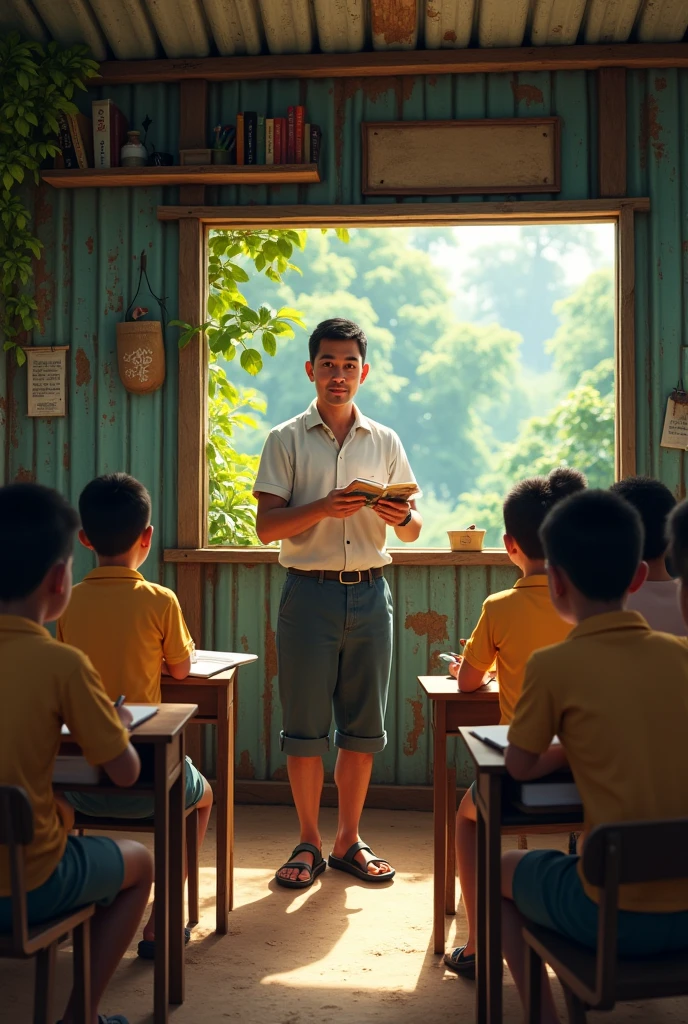 A teacher teaching his students english in a tin house 