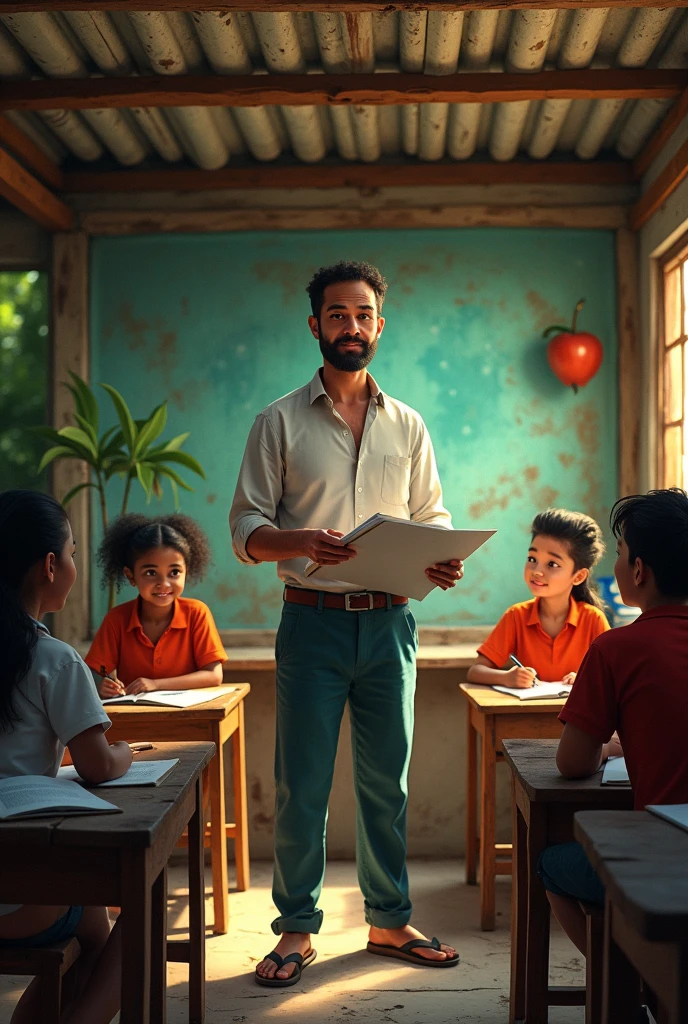 A teacher teaching his students english in a tin house