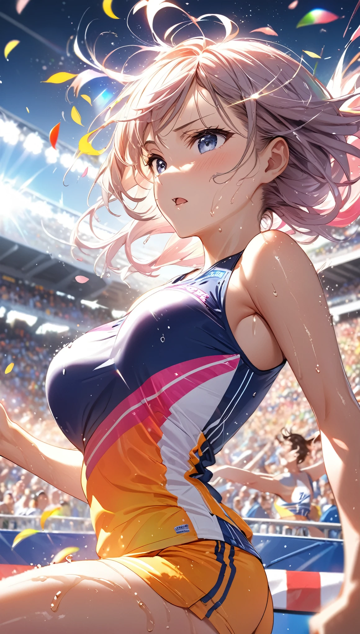 (Sports magazine cover photo), Highest quality, Great quality, 16K, Unbelievably absurd, Very detailed, delicate and dynamic, Natural light, The particles reflect light, Diffuse reflection of light, Many rainbow-colored petals fall, Beautiful truck studium, Sparkling Sun, Diffuse reflection of light, Create amazing image effects, , Wet, sweating, high jump competition, Close-up(Cute sexy girl, big bouncing busts, Sensual expression, Cool girl, Serious, passion, Dynamic, Flashy track and field uniform, audience , much-air-laden cheer)