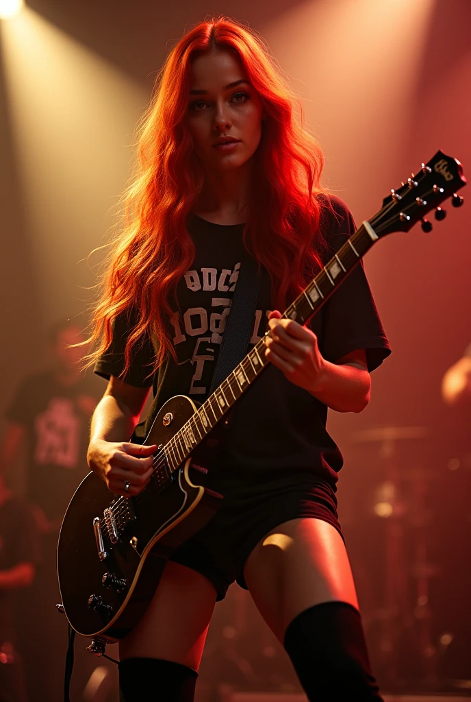 ultra realistic, photography, long red hair, girl, 24 years old, hourglass figure, perfect body, Flirty look, beautiful detailed woman, intricate and detailed face, long lush hair, soft lighting, photorealistic, high quality, cinematic, dramatic, warm color tones, natural breasts, facing the camera, blur background, on stage, rockband, playing electric guitar, she wears shorts and black tights underneath, oversized t-shirt, full body picture, zoomed out, wide angle