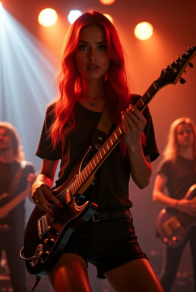 ultra realistic, photography, long red hair, girl, 24 years old, hourglass figure, perfect body, Flirty look, beautiful detailed woman, intricate and detailed face, long lush hair, soft lighting, photorealistic, high quality, cinematic, dramatic, warm color tones, natural breasts, facing the camera, blur background, on stage, rockband, playing electric guitar, she wears shorts and black tights underneath, oversized t-shirt, full body picture, zoomed out, wide angle