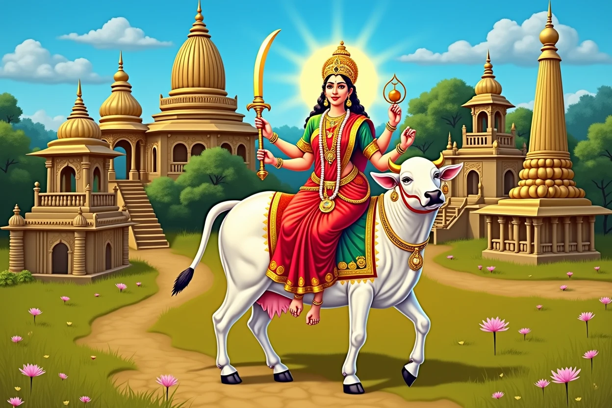 Goddess Shailaputri (Parvati) is depicted with two hands and has a crescent moon on her forehead. She holds a trident in her right hand and a lotus flower in the left. She rides on the mount Nandi, the bull.[1]

History