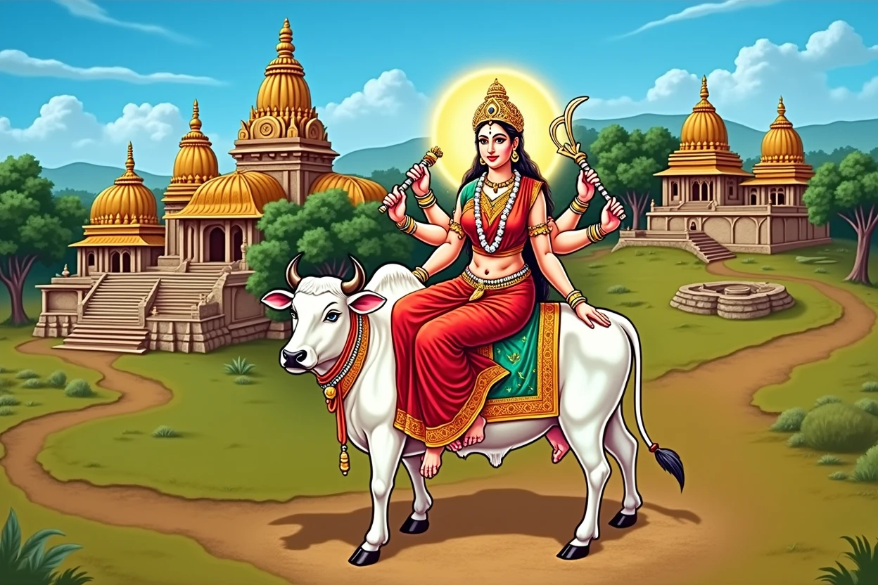 Create a hyper-realistic, photorealistic, and divinely glowing image of Goddess Umiya seated gracefully on her Vahana, a pure white cow. She should be depicted with a radiant aura surrounding her, symbolizing her divine presence. The Goddess should be adorned in a traditional, intricately designed red and gold sari with detailed jewelry, including bangles, a necklace, and a crown, reflecting her divinity. She holds a Trishul, sword, chakra, and lotus in her hands, symbolizing power, protection, and spirituality.
The background should feature a traditional rural Gujarati setting with temples, trees, and a calm, serene environment, highlighting the cultural essence. The temples should be adorned with intricate carvings and golden domes, surrounded by lush greenery. The sky should have a soft, glowing light that adds to the divine atmosphere, making the entire scene ethereal and spiritually uplifting. The attention to detail should include the texture of the cow's fur, the folds of the sari, and the intricate designs on the temples.
The overall composition should exude a sense of divine energy and peace, with every element meticulously crafted to enhance the realism and spiritual significance of the image