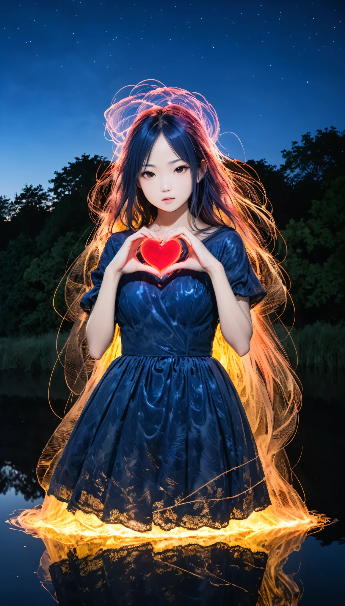 in style of Albert Pinkham Ryder,in style of Bruce Nauman, Chiharu Shiota
character concept design,1girl,half body,incredibly long hair,darkblue light painting,time-lapse photography,{diffuse gradient:1.3},{colorful heart:1.2},darkblue dress,(gravure_pose:1.8),night,reflection,water surface