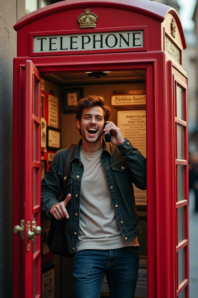 A male student enjoys talking on the phone inside a red telephone box.