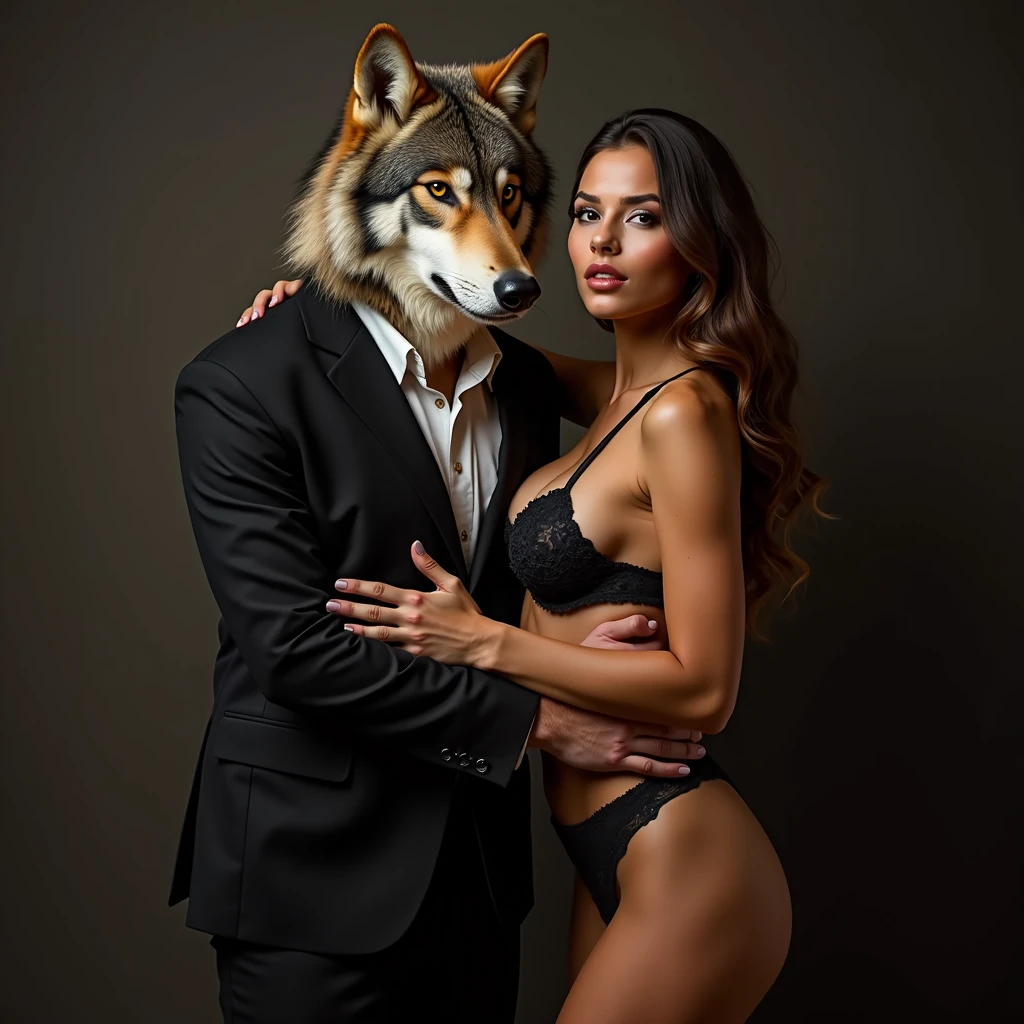 Wolf dressed in suit hugging beautiful big ed woman in lingerie
