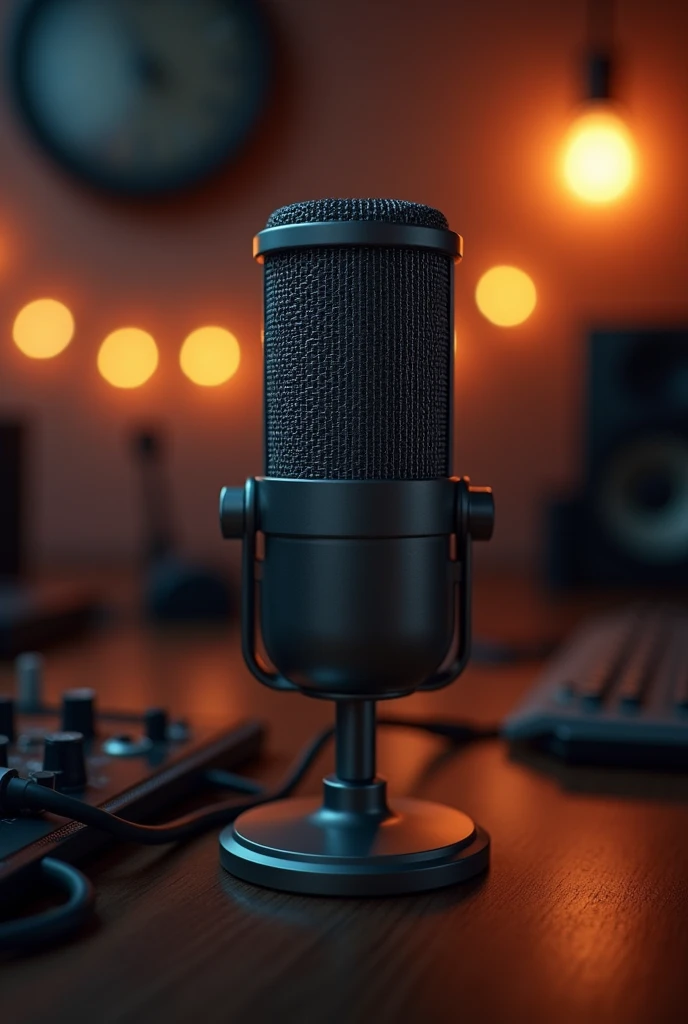 A podcast microphone, with some pops in the background