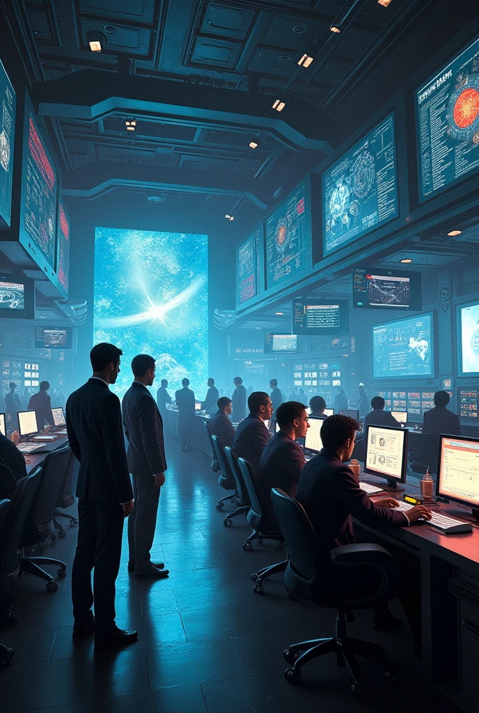 Space Control Center: Scientists and engineers at a space control center monitoring the situation.