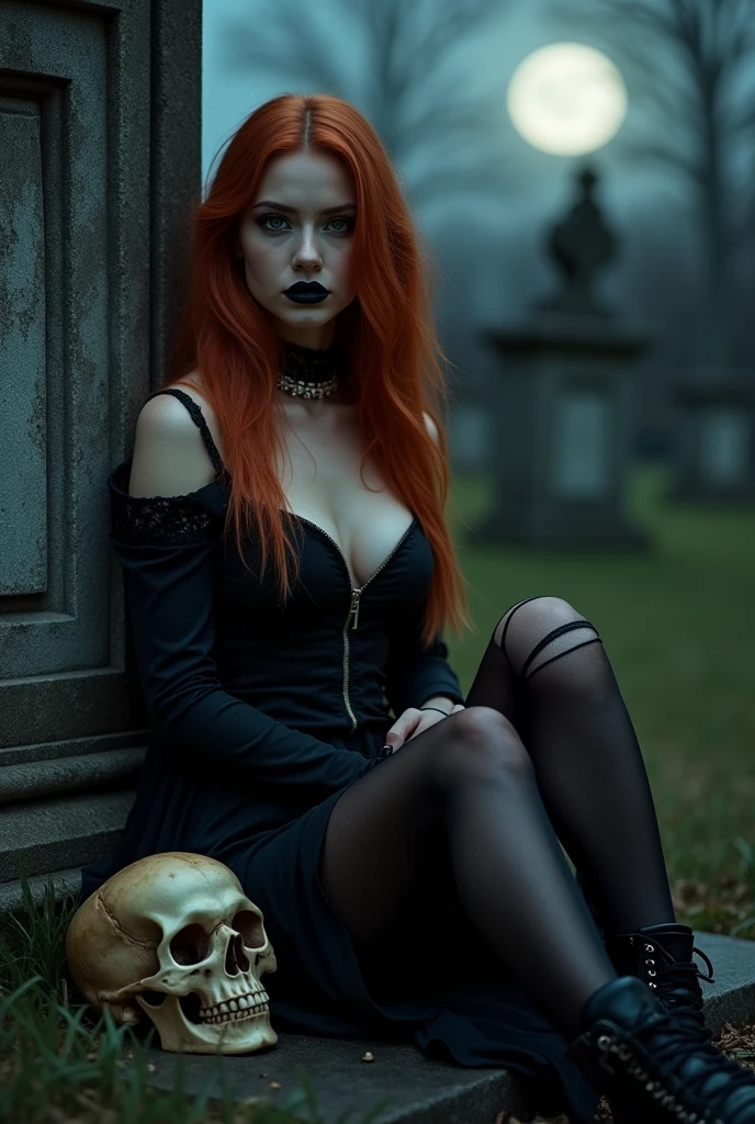 ultra realistic, photography, long red hair, girl, 24 years old, hourglass figure, perfect body, Flirty look, natural medium breasts, wearing a hot goth dress, great cleavage, black lips, on a cemetary, sitting next to a grave, at night, moon in the background, she wears ripped tights and black army boots, a skull lies next to her feet