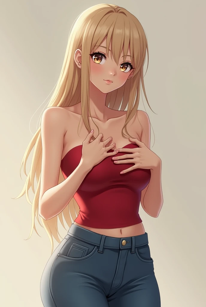 anime girl wearing a red tube top and jeans, long blonde hair, holding and almost squeezing breasts, neutral face, plain background.