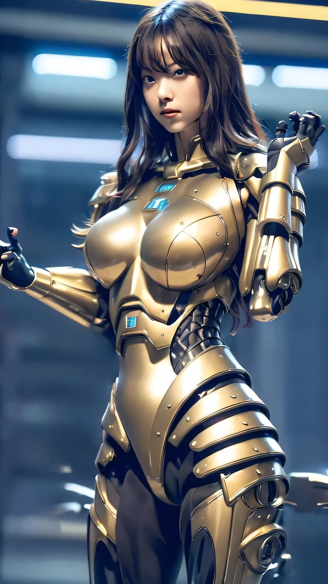 Mujer sexy con curvas con un traje mecha dorado y rojo. De pie en un desierto. Pintura digital