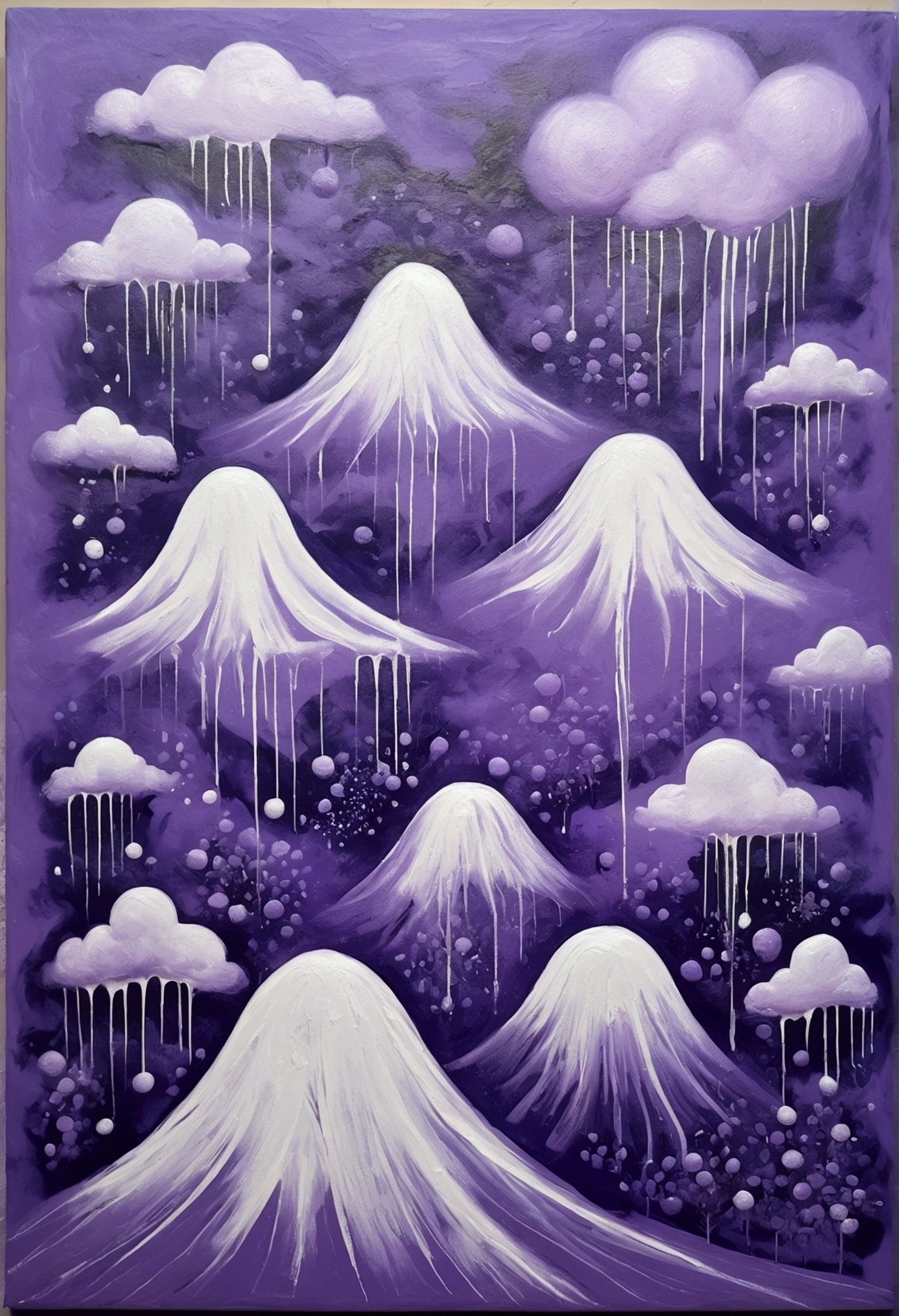 A painting，Inspired by Yayoi Kusama：(((Chalk painting，Oil stick painting，Volume，Thick coating，Uneven texture，Plaster texture，Graffiti，Dot)))。(a volcano erupts。White smoke。), Bright colors, Purple和, cute的, Bright colors，cute, Lavender Color and Color Schemes, 和Purple的配色方案,  Beautiful Art,  Purple, Whimsical Art, 和Purple色调,  Close together,, spring, Inspired by Tomokazu Matsuyama, Delightful