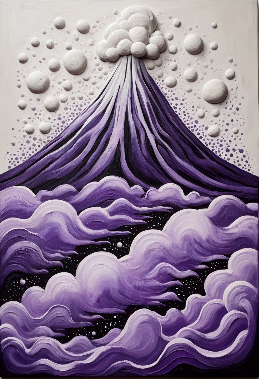 A painting,Inspired by Yayoi Kusama:(((Chalk painting,Oil stick painting,Volume,Thick coating,Uneven texture,Plaster texture,Graffiti,Dot)))。(a volcano erupts。White smoke。), Bright colors, Purple和, cute的, Bright colors,cute, Lavender Color and Color Schemes, 和Purple的配色方案, Beautiful Art, Purple, Whimsical Art, 和Purple色调, Close together,, spring, Inspired by Tomokazu Matsuyama, Delightful