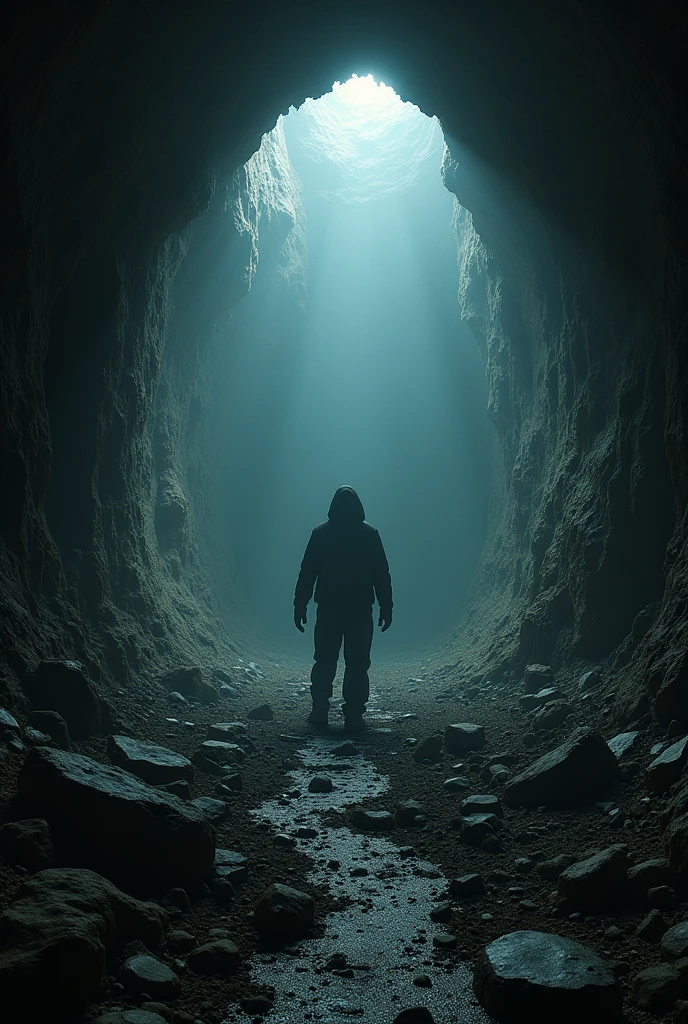 A dangerous moment deep within an old mine, where the ground is shown crumbling beneath the viewer's feet. The scene is dark and claustrophobic, with the twisting tunnels of the mine stretching endlessly into the blackness