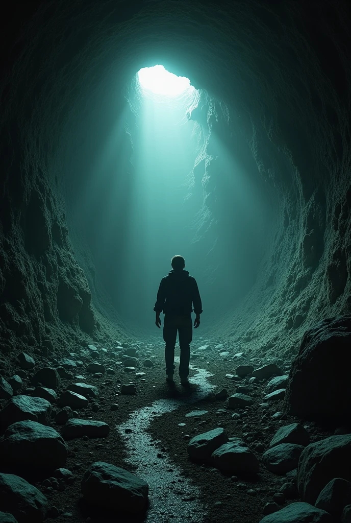A dangerous moment deep within an old mine, where the ground is shown crumbling beneath the viewer's feet. The scene is dark and claustrophobic, with the twisting tunnels of the mine stretching endlessly into the blackness
