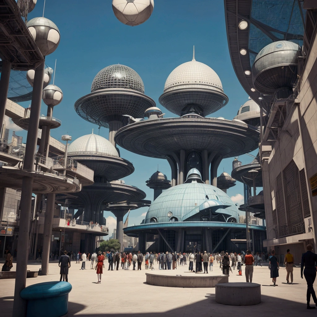 Assembly dome seen from the outside, in a retro-futuristic 1950s style. In the background is a retro-futuristic city. And the walls feature geometric patterns and futuristic murals. The atmosphere is hectic, capturing the energy and diversity of this imagined society. The overall scene combines vintage futuristic design with a sense of community and readiness for adventure.