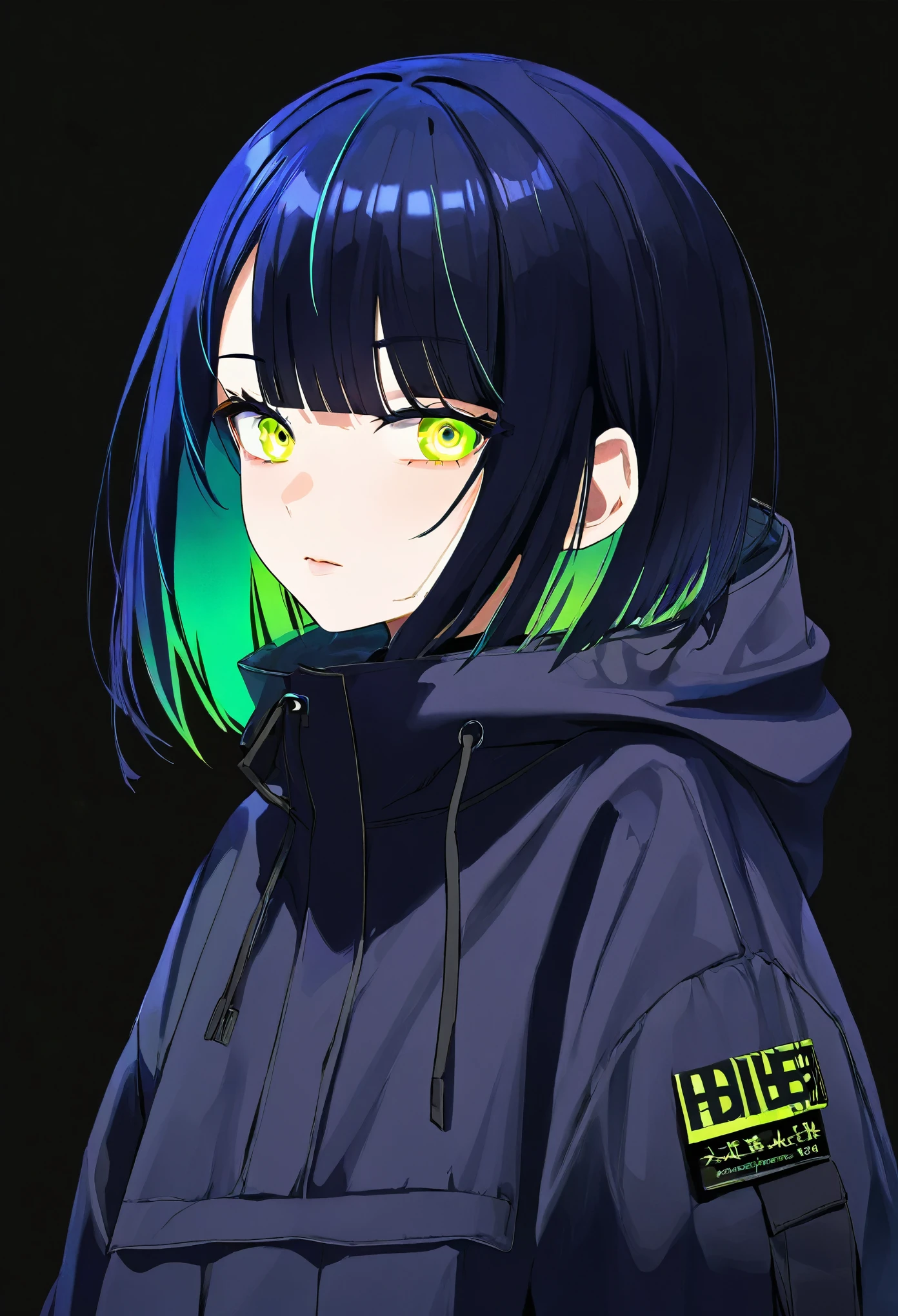 1 person、1 personで、Highest quality, masterpiece,Black dark blue hair, Fluorescent yellow-green eyes,Big eyes,Black clothes, Long sleeve、Black anorak parka、Front Angle、Gazing at the audience、Upper Body,hair,Fair skin、Medium Hair、Bobcut、紺色の艷やかに光るhair、Glowing effect、Highest quality、最高masterpiece、Purple hair tips、暗紺色のhair、Plain black clothing、Dark solid color background、Perfect Face、Slightly narrow eyes、Cool Style、cool、mysterious、Thick Coating、beautiful

