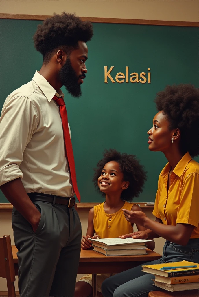 Un professeur noir, un garçon noir et une maman noir dans un école devant un tableau avec mention Kelasi.