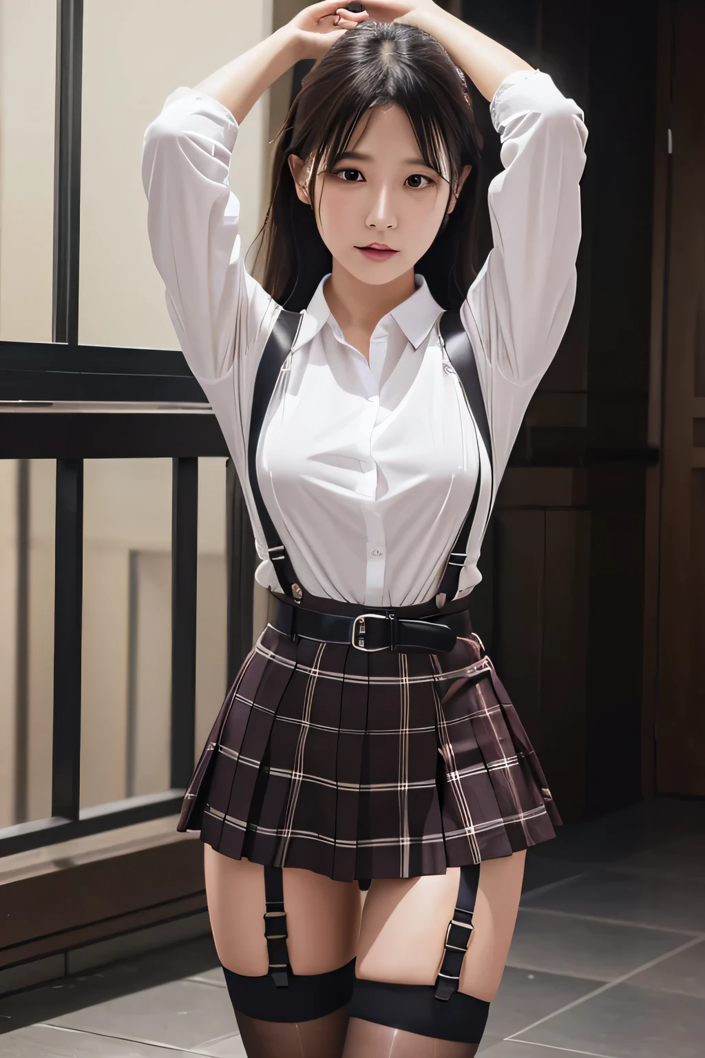 1 female, , high quality, masterpiece, Ultra-high resolution, Cinema Lighting, 1 female, , high quality, masterpiece, Ultra-high resolution, , Cinema Lighting, suspenders　　　Moderate breasts　 　 　　　　　 　　　　Small face　 　　　　　　　　　　　Looking up　　　　Sweat 　　　Thin belt　buzzer　脇Sweat 　　　　 　garter belt　　Belt on pants　　holster　 　　Hands behind your back　 　Looking up　Anxious face　Knee-high　Knee socks　Knee-highソックス 　garter　ふとももにgarter belt　Checkered mini skirt　 　　Panty shot　Skirt gap Armament　　　holster　holster 　　Hands behind your back　 Anxious expression　　Anxious face, legs apart　Armament　　Leg Holster　holster　See-through clothing　heavy rain　Rain-soaked dress shirt,Moderate breasts　ガーターbelt　suspenders　Garter on the thigh　Checkered mini skirt　Looking up　Pause　belt　Armpit sweat　Hands behind back　Raise your hands