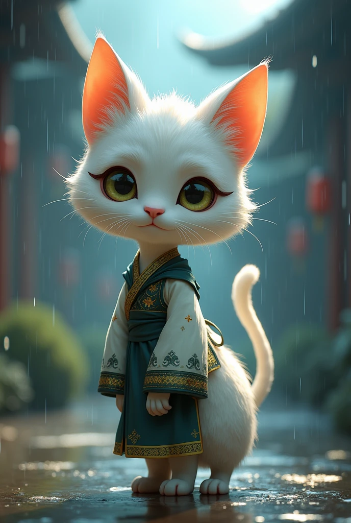 Anthropomorphic cat character, a female full body standing alone in the rain. She has white fur, large expressive eyes, and a human-like physique. Her hair is wet, and she is wearing a drenched traditional outfit. The scene is set against a rainy backdrop, blending realism with a whimsical, cartoon-like twist."
