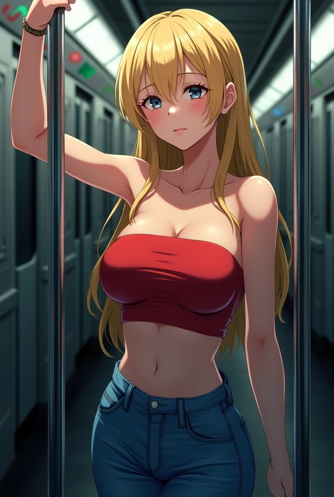 anime girl wearing a red tube top and jeans, long blonde hair, neutral face, alone in a subway, holding onto hand grips and exposed armpits.