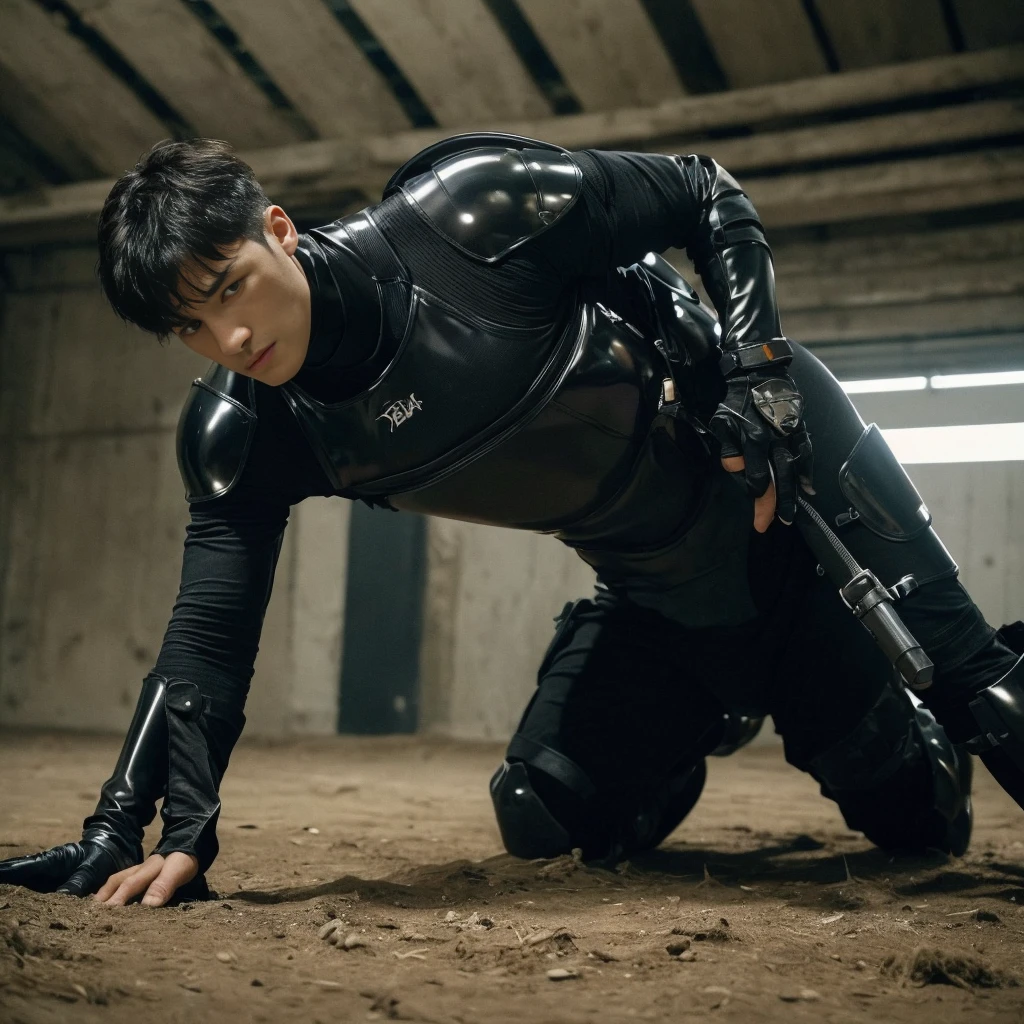 ((Best Quality, 8K, ultra-detailed, Masterpiece: 1.3)), 1boy, shiny skin, sharp, Perfect Body Beauty, realistic shaded perfect body ,("bodysuit, techwear,big bulge ":1.2),("leggins , armor":1.1),("glove, armor":1.1 ),(techwear)(dynamic pose:1.1), thigh , battle field , (bulge focus:1.2) , ((all fours)) , big hips , nsfw , eroticosm , handsome face