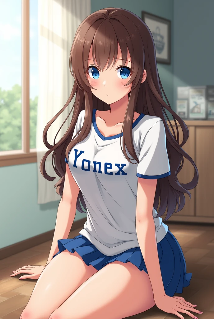 ((Itsumi Erika, a Russia girl,she is also rare with her blue eyes and its as beautiful as Gojo Satorou eyes.Itsumi Erika also has a very beautiful brown hair.She is 173cm.She is the hottest girl in the school.Itsumi Erika is a perfect girl.She is a new student. She is a rich girl but likes to wear simple clothes.like a badminton Yonex skirt, her Victor T Shirt that has her name on it. And her Yonex 65Z3 shoes. Sitting while spreading her legs. Not using her hand to cover))