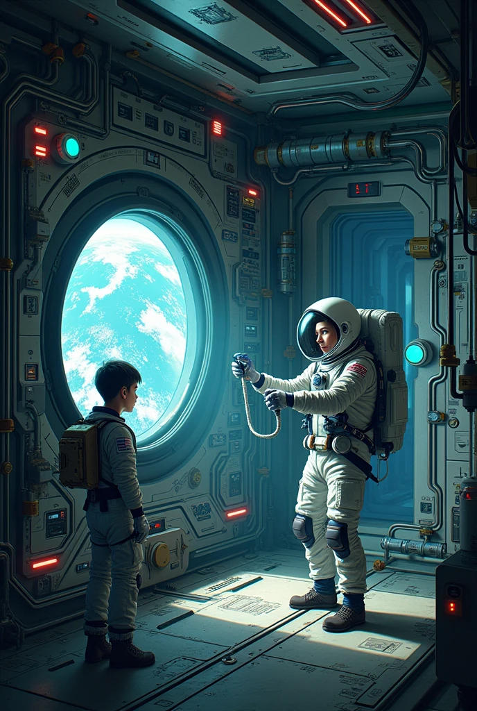 Technical Issue Depiction: An illustration of a technical problem or malfunction occurring in the space station.