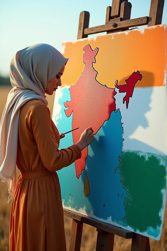 "A beautiful Muslim girl is creating a map of India in a field. The map is painted with the colors of the Indian flag: red at the top, white above the red, blue above the white, and green at the bottom. The map is detailed and accurately represents the current map of India."