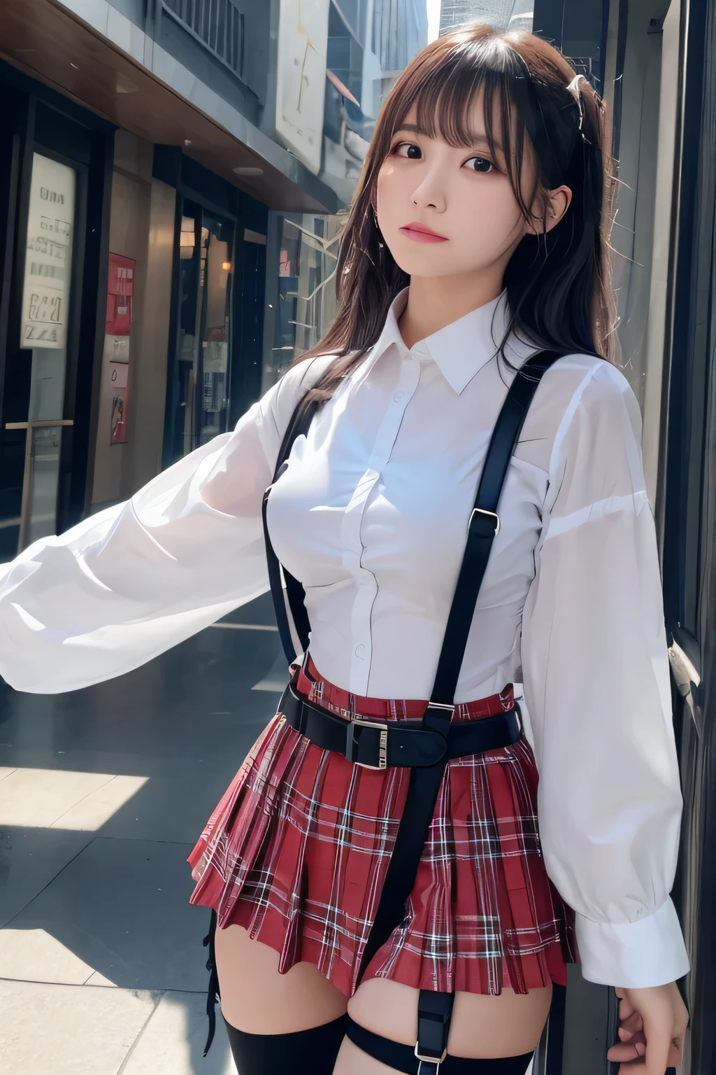 1 female, , high quality, masterpiece, Ultra-high resolution, Cinema Lighting, 1 female, , high quality, masterpiece, Ultra-high resolution, , Cinema Lighting, suspenders　　　Moderate breasts　 　 　　　　　 　　　　Small face　 　　　　　　　　　　　Looking up　　　　Sweat 　　　Thin belt　buzzer　脇Sweat 　　　　 　garter belt　　Belt on pants　　holster　 　　Hands behind your back　 　Looking up　Anxious face　Knee-high　Knee socks　Knee-highソックス 　garter　ふとももにgarter belt　Checkered mini skirt　 　　Panty shot　Skirt gap Armament　　　holster　holster 　　Hands behind your back　 Anxious expression　　Anxious face, legs apart　Armament　　Leg Holster　holster　See-through clothing　heavy rain　Rain-soaked dress shirt,Moderate breasts　ガーターbelt　suspenders　Garter on the thigh　Checkered mini skirt　Looking up　Pause　belt　Armpit sweat　Hands behind back　Raise your hands