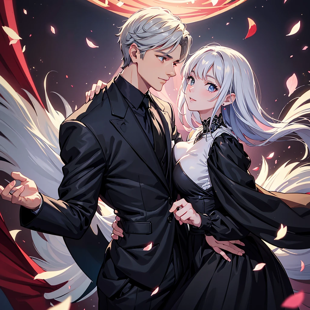 A handsome guy with short white hair, wearing a black suit,
happy expression,
Behind him were six beauties in skirts of different colors, and the handsome man held a beautiful woman in his right hand.
There are many women with their hands stretched out in front of the handsome guy,
The background is in a romantic atmosphere, with small hearts and falling petals.
Close-ups of characters, ultra-clear facial details and exquisite facial features,
Frontal shot, full body portrait, two-dimensional animation style,
Best quality, highest picture quality