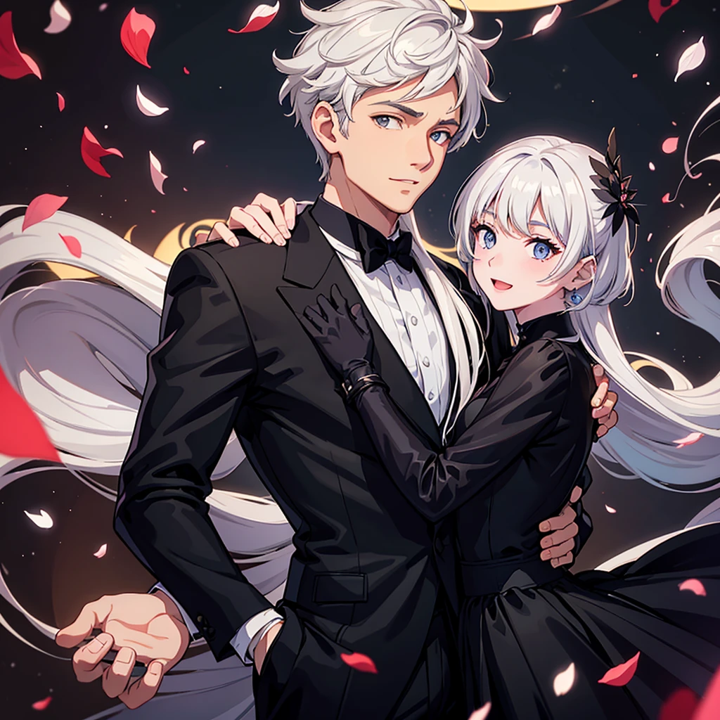 A handsome guy with short white hair, wearing a black suit,

happy expression,

Behind him were six beauties in skirts of different colors, and the handsome man held a beautiful woman in his right hand.

There are many women with their hands stretched out in front of the handsome guy,

The background is in a romantic atmosphere, with small hearts and falling petals.

Close-ups of characters, ultra-clear facial details and exquisite facial features,

Frontal shot, full body portrait, two-dimensional animation style,

Best quality, highest picture quality