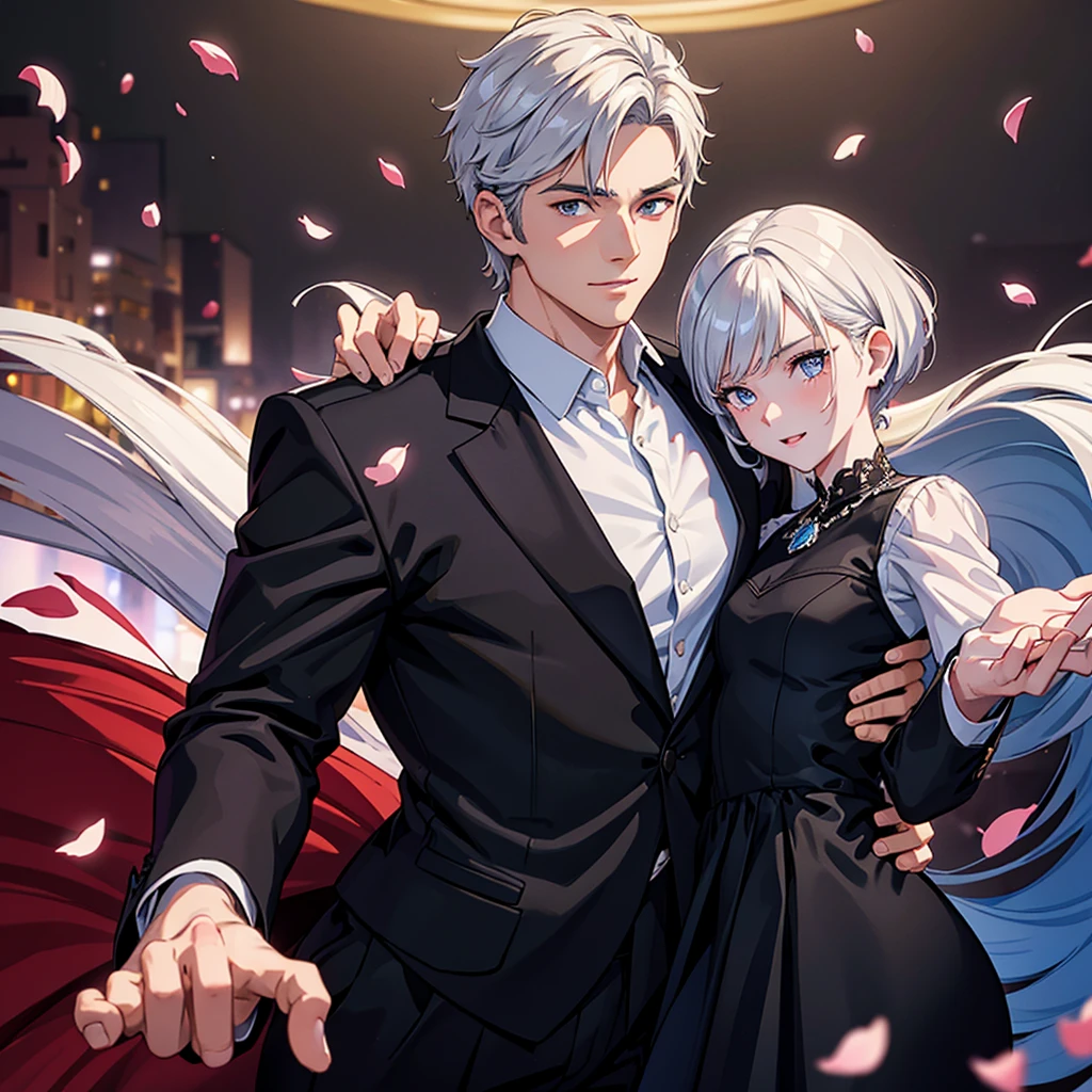 A handsome guy with short white hair, wearing a black suit,

happy expression,

Behind him were six beauties in skirts of different colors, and the handsome man held a beautiful woman in his right hand.

There are many women with their hands stretched out in front of the handsome guy,

The background is in a romantic atmosphere, with small hearts and falling petals.

Close-ups of characters, ultra-clear facial details and exquisite facial features,

Frontal shot, full body portrait, two-dimensional animation style,

Best quality, highest picture quality