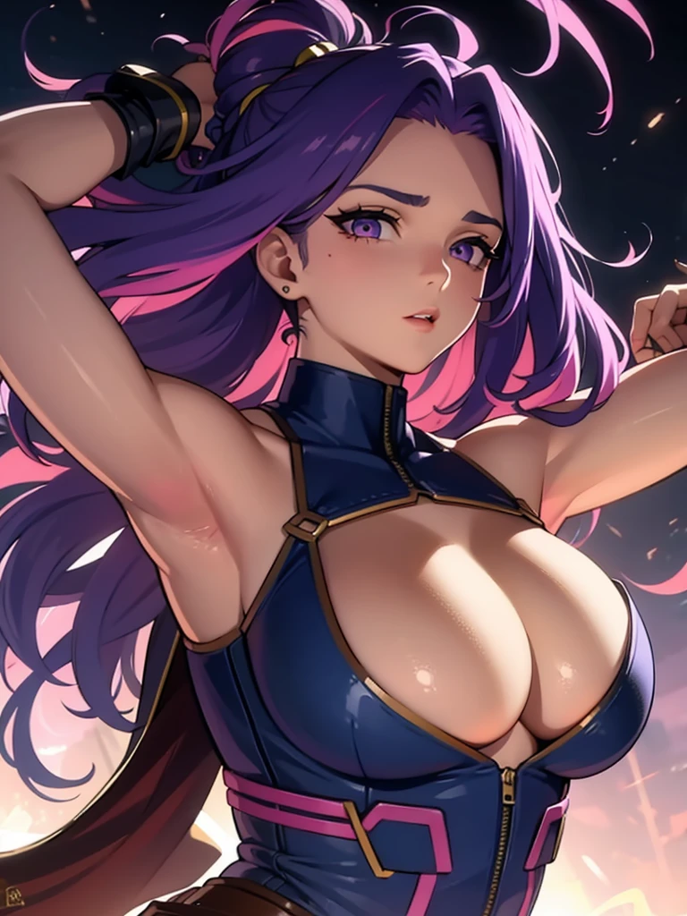 a busty women with sweaty skin, purple hair with pink highlights, purple eyes, arms raised, extremely detailed face and eyes, long eyelashes, 2D digital painting, vibrant colors, cinematic lighting, photorealistic, masterpiece, high quality, hyper detailed