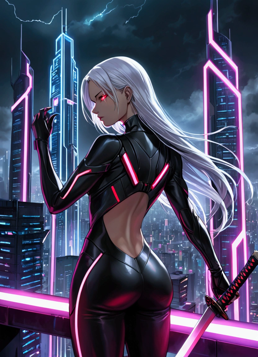 "A young, beautiful woman with long, silver hair flowing down her back, dressed in a sleek, black tactical suit that accentuates her athletic build. She has a striking scar over her left eye, which glows with a faint red hue, hinting at her mysterious past. In one hand, she wields a gleaming katana with a futuristic design, its blade reflecting the neon lights of the dystopian city around her. Her pose is both powerful and sensual, standing confidently atop a rooftop, ready to leap into action. The background shows a sprawling, cyberpunk cityscape with towering skyscrapers, neon signs, and a dark, stormy sky. The atmosphere is tense and filled with a sense of impending danger."
