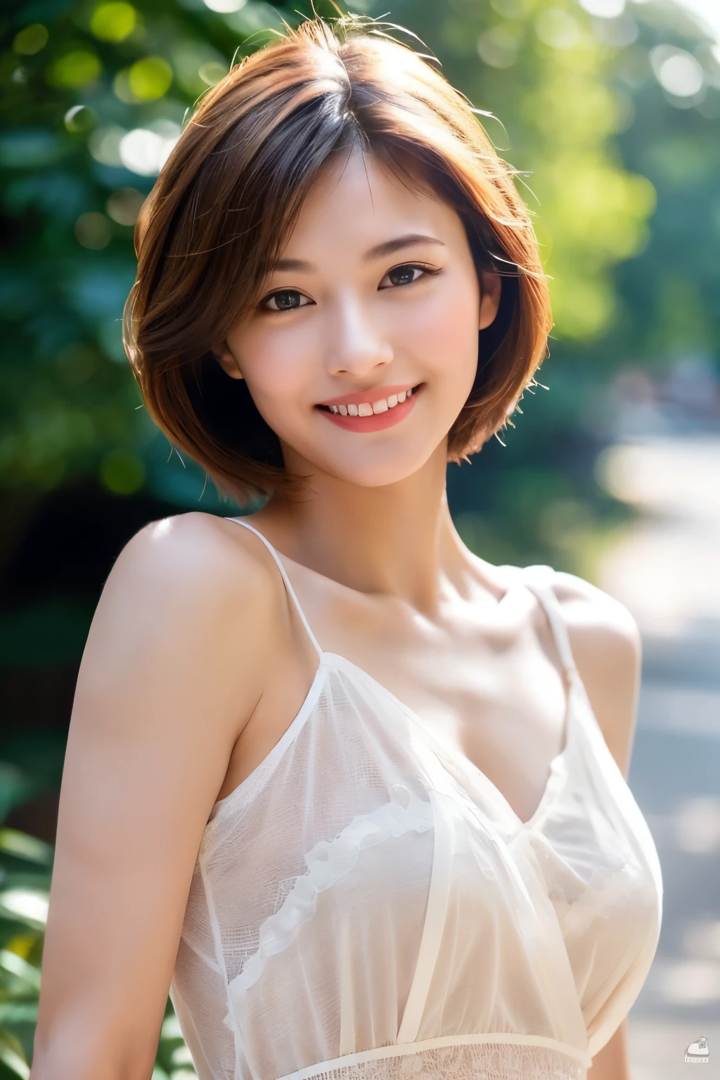 Tabletop, Highest quality, shape, Very detailed, In detail, High resolution, 8k wallpaper, Perfect dynamic composition, Beautiful details, dress,Very short hair, Center of chest, Natural color lip, Random sexy poses,smile,Women with perfect bodies