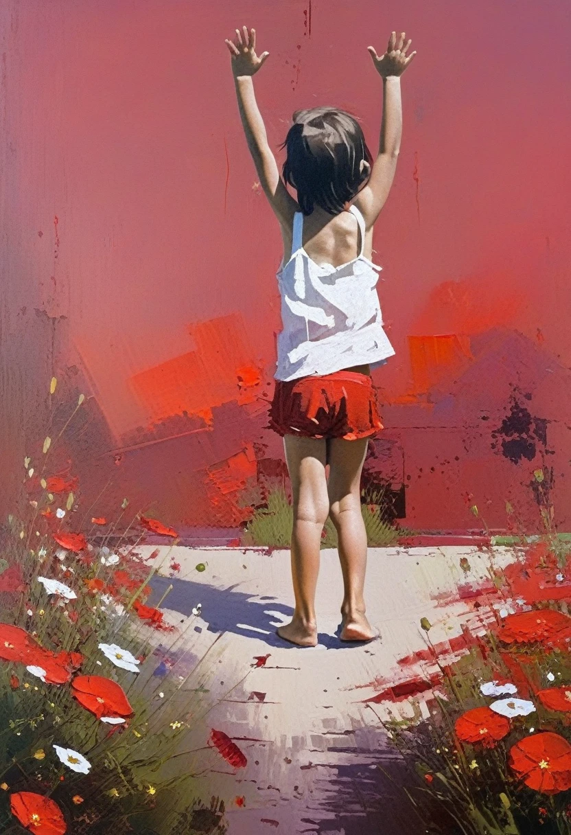 A girl of about with unkempt black hair.、spread your arms and legs、A painting blocking the progress of a large tank approaching from the rear.、Big tank background、The sinister red and black colour of the sky、Backlight、Deep contrast、The smallest white flower in the foreground、Apparently the girl is standing in the way to stop the tank from running over some small flowers.、intricate and intense Oil paints, Abstract Painting, intricate Oil paintsing artwork, Vadim Kashin、Realistic, gives the viewer a detailed impact, a portrait painted with oil paint, , intricate and wet Oil paints, Oil paints, New art beyond dimensions, Only the back view, Ryan Hewett、bichu、oil paintin、A three-dimensional painting、super masterpiece、Ultra high definition、vivid colors、
